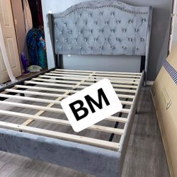 Grey Velvet W Diamonds Platform Bed Frame Queen Size 