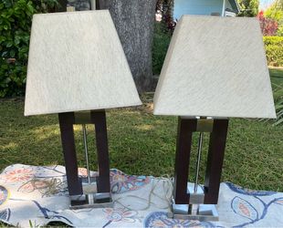 Pair of Heavy Solid Metal Contemporary Table Lamps - 31” Tall, 3-Way (One Shade Has Minor Damage)