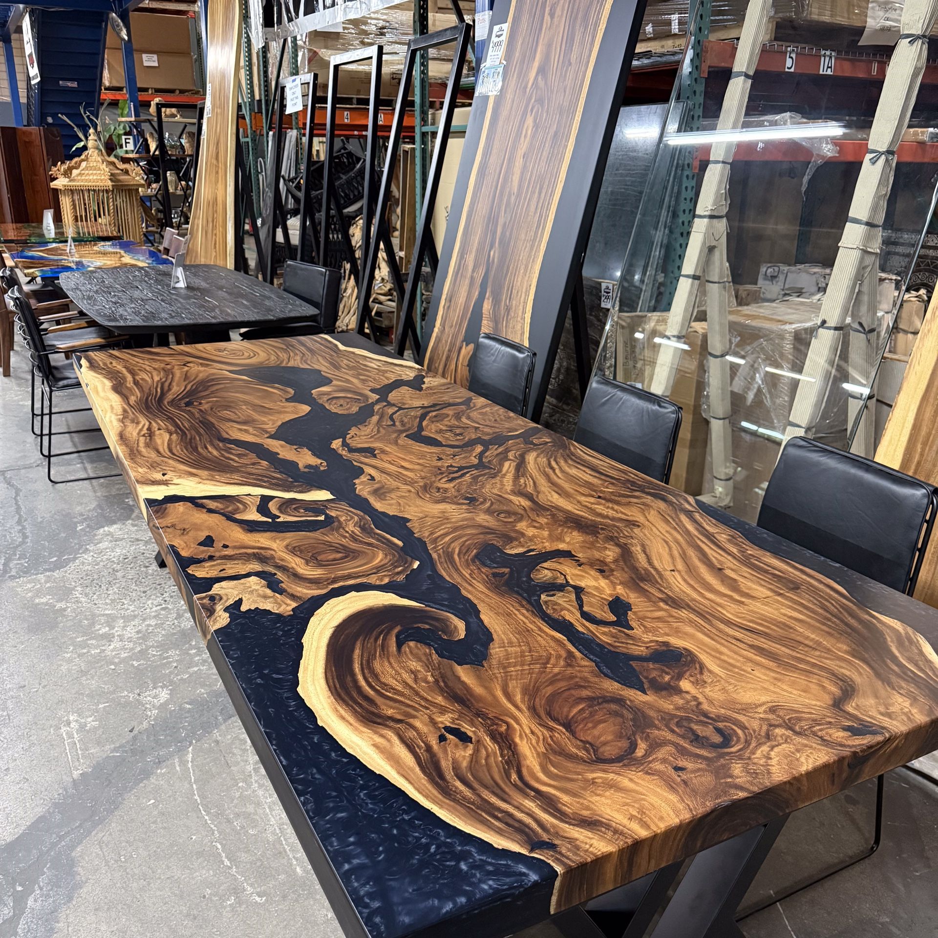 Black Matte Epoxy and Wood Dining Table W Metal Legs