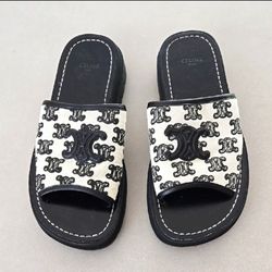 New Celine Clea Triomphe Slides In Black And White