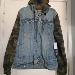 Men's Large Denim Army Camouflage Trucker Jacket New
