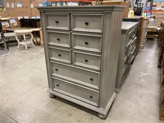 Grey Farmhouse Style 5 Drawer Tallboy Dresser with Bun Feet