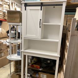 3-Tier White MDF Bathroom Toilet Cabinet with 1 Barn Door and 2 Adjustable Shelves