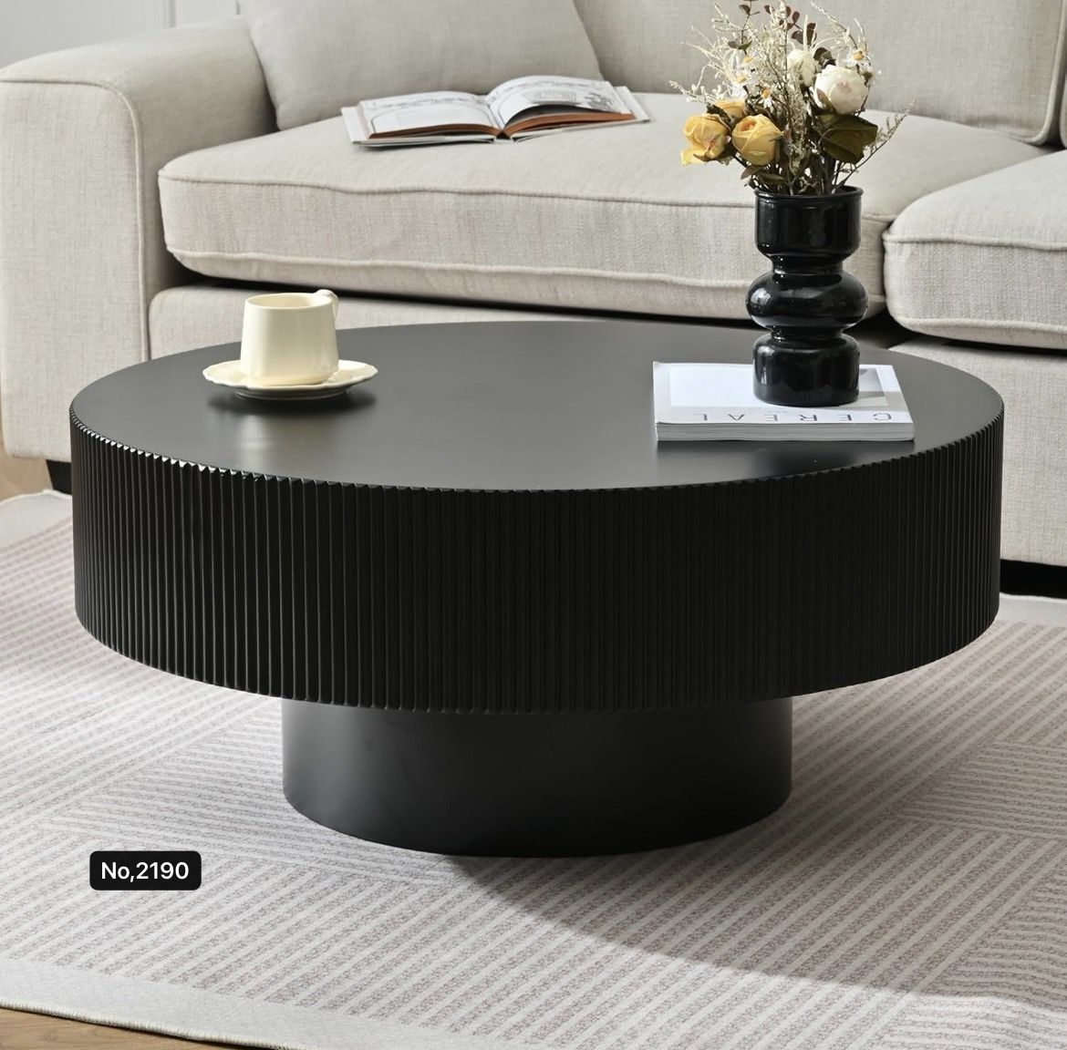 31.5 Inch Round Drum Coffee Table, Modern Handcraft Fluted Drum Coffee Table, Wooden Round Coffee Table Center Table Cocktail Table with Stable Pedest