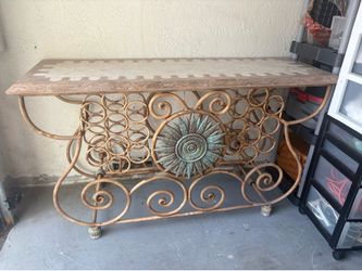 Stone Top Console Table with Wrought Iron Base