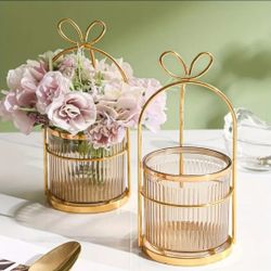 Nordic Light Luxury Bow-Adorned Flower Basket Storage Vase  Golden Plastic Cylindrical Decor for Living Room, Bedroom, Entryway $10 Each