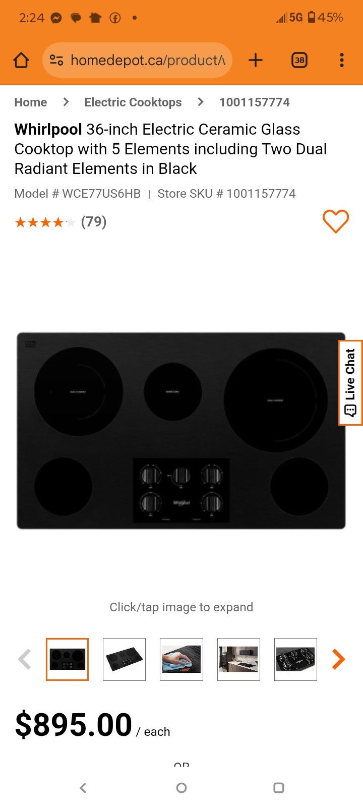 Whirlpool 36-inch Electric Ceramic Glass Cooktop with 5 Elements including Two Dual Radiant Elements in Black