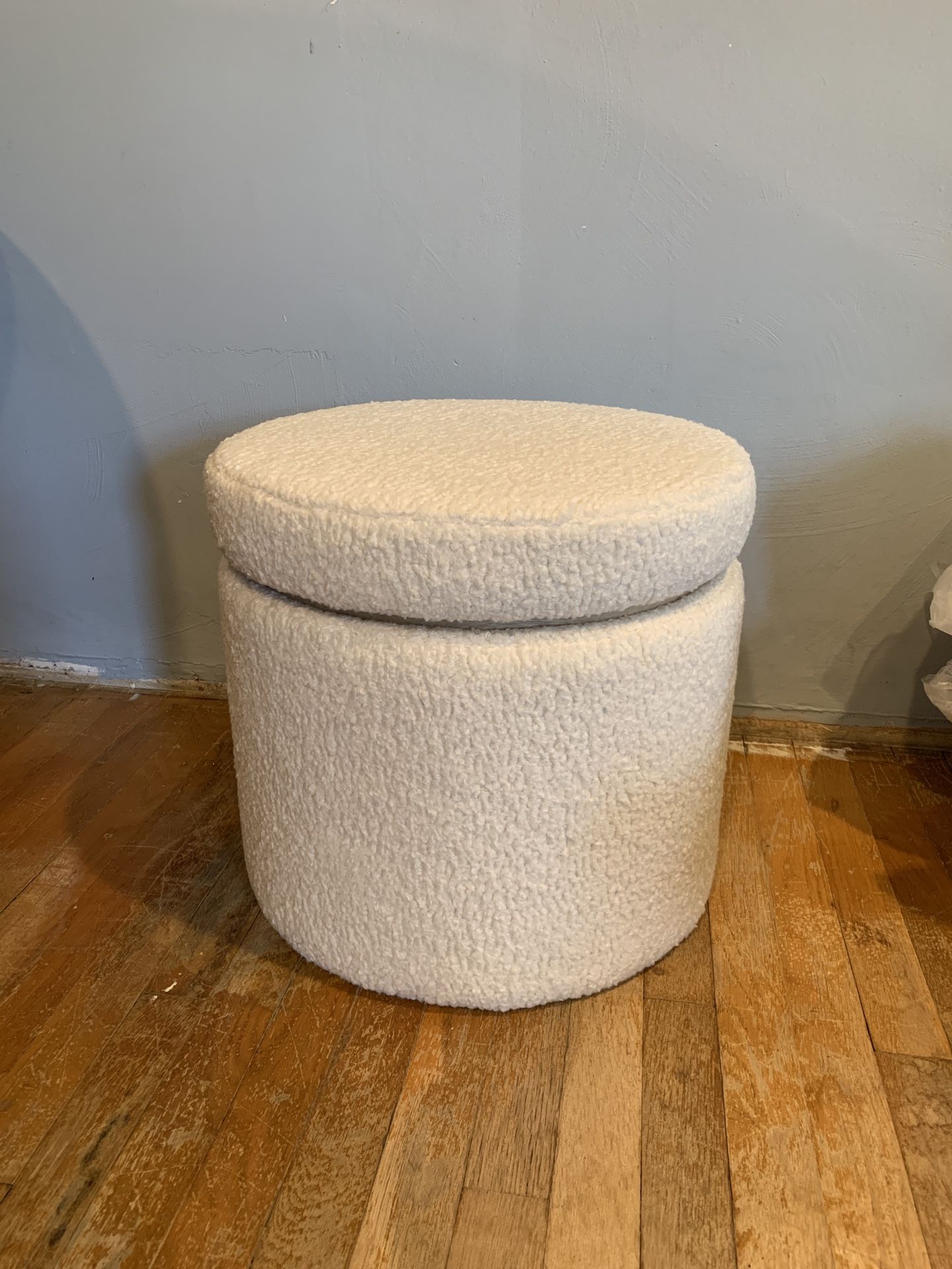 NEW beige boucle fabric round ottoman with storage