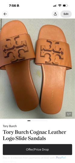 Título:  Tory Burch Cognac Leather Logo Slide Sandals Size 6.5