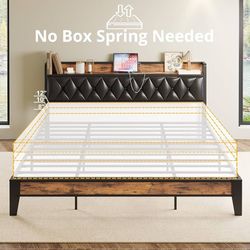 California King Bed Frames, Storage Headboard with Outlets, Easy to Install, Sturdy and Stable, No Noise, No Box Springs Needed, Rustic Brown and Blac