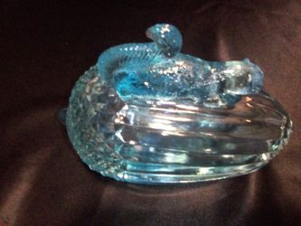 Artistic Blue Ish Glass Squirrel Candy Dish