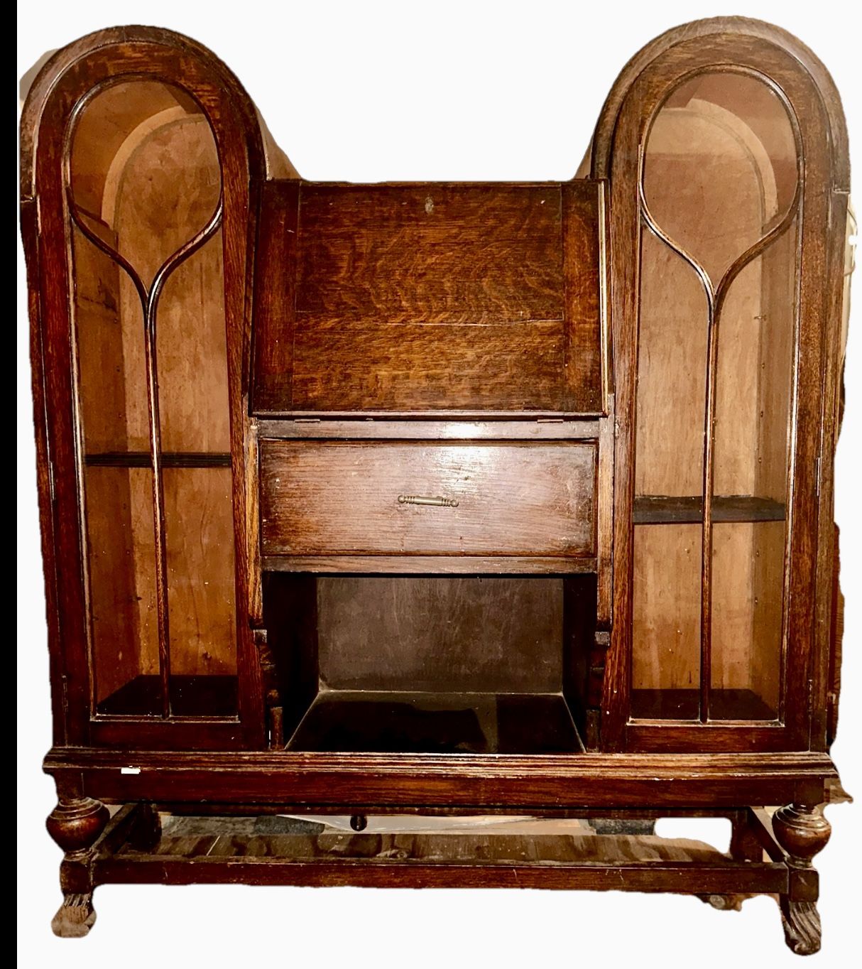 Antique English oak Jacobean side-by-side drop front desk 1920s