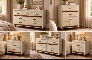 Cream and Walnut Bedroom Dresser Set