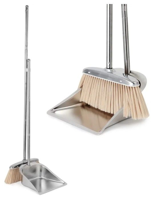 VOOWO Broom and Dustpan Set for Home, Stainless Steel Broom and Dustpan Set with Long Handle, Heavy Duty Dustpan Broom Set Standing Dust Pan Kitchen a