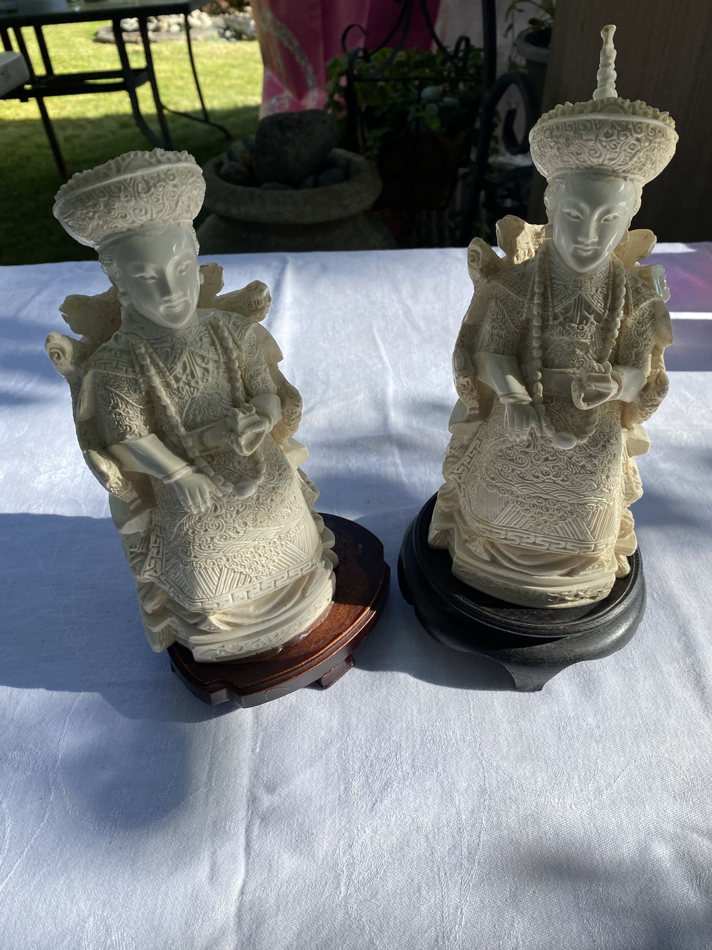 Vintage Hand Carved Statue Ivory Colored Pair Chinese Empress Figurines