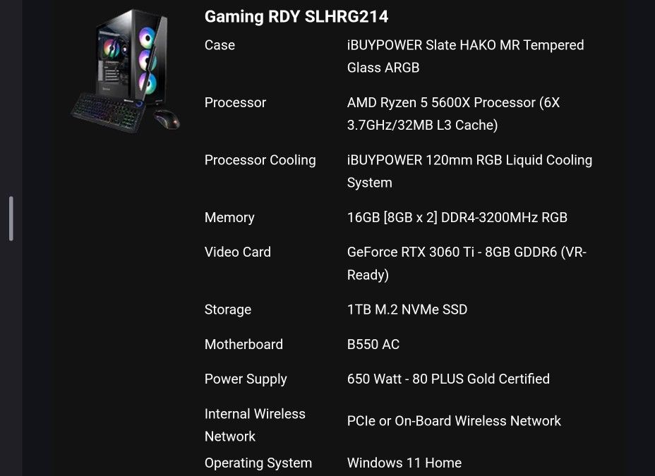 Gaming PC (RDY SLHRG214) with RTX 3060 ti 8gb