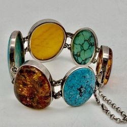 FREE SHIPPING! HUGE BALTIC AMBER & TURQUOISE 925 Silver Panel Bracelet 7.25” Lot 772