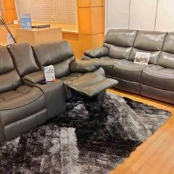 Summer sale event. Madrid, gray leather reclining sofa and loveseat set now $1199. Easy finance option. Same day delivery.