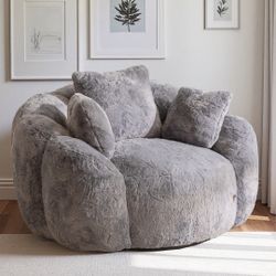 Floral Bean Bag Chair 3 Pillows – Soft Faux Fur Lounge Sofa for Reading&Gaming, Grey