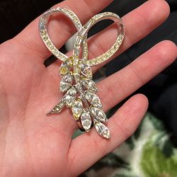 Pell ANTIQUE CHRISTMAS LEAF BOW BROOCH PIN  Crystal Baguette Marquise Rhinestone