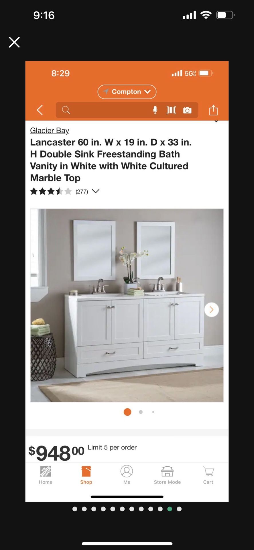 Glacier Bay Lancaster 60 in. W x 19 in. D x 33 in. H Double Sink Freestanding Bath Vanity in White with White Cultured Marble Top