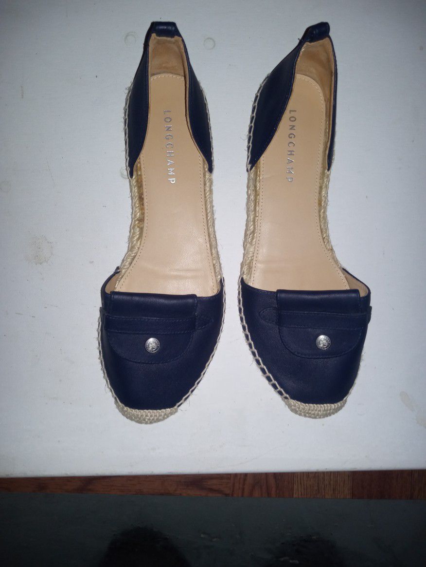 New Pair Of Longchamps Size 39 Navy Blue Leather With Rope Trim 