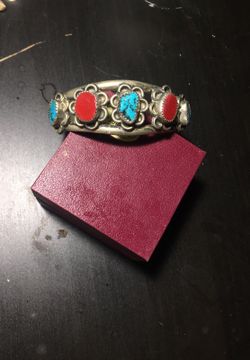 Silver bracelet cuff with genuine coral and turquoise stones