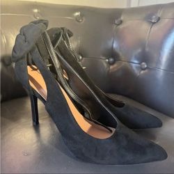ZBY Suede Back Bowtie Black Pointed High Heel Pumps