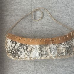 13.5" Long Handmade Vintage Birch Bark Canoe Rustic Folk Art Wall Decor