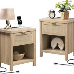 Night Stand Set of 2 with Charger Station Rattan Nightstands with Drawer Farmhouse Bedside Table with USB and Type-C Ports Boho End Side Table for Bed