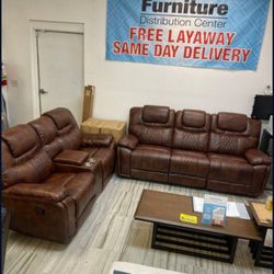 *Spring Sale Event*---Santiago Sleek Brown Leather Reclining Sofa/Loveseat Sets---Delivery And Easy Financing Available🫡