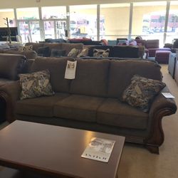 Brown Sofa & Sofa Loveseat With Wooden Base