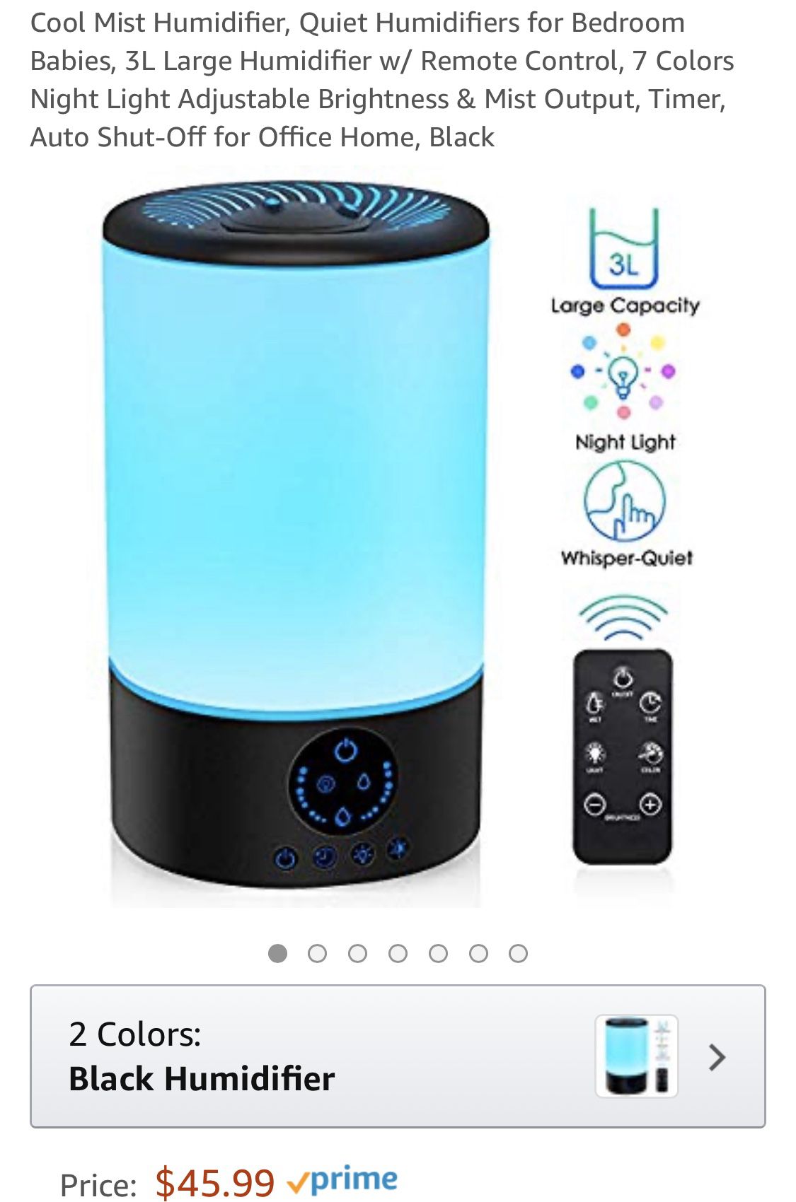 Cool mist humidifier with multicolored LED with remote