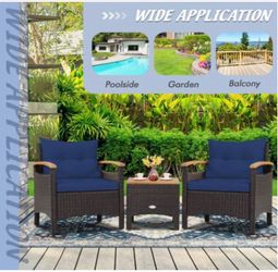 Costway 3-Piece Wicker Rattan Patio Conversation Set with Navy Removable Cushions