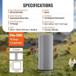 Hardware Cloth, 1/2 inch 24in x 100 ft 19 Gauge, Hot Dipped Galvanized Wire Mesh Roll, Chicken Wire Fencing, Wire Mesh for Rabbit Cages, Garden, Small