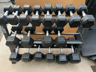 10-50lb hex rubber dumbbell set with rack