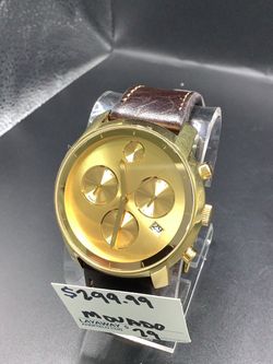Movado Chronograph Watch Gold Dial Brown Leather