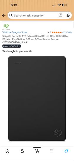 Seagate Portable 1TB External Hard Drive HDD – USB 3.0 for PC, Mac, PlayStation, & Xbox
