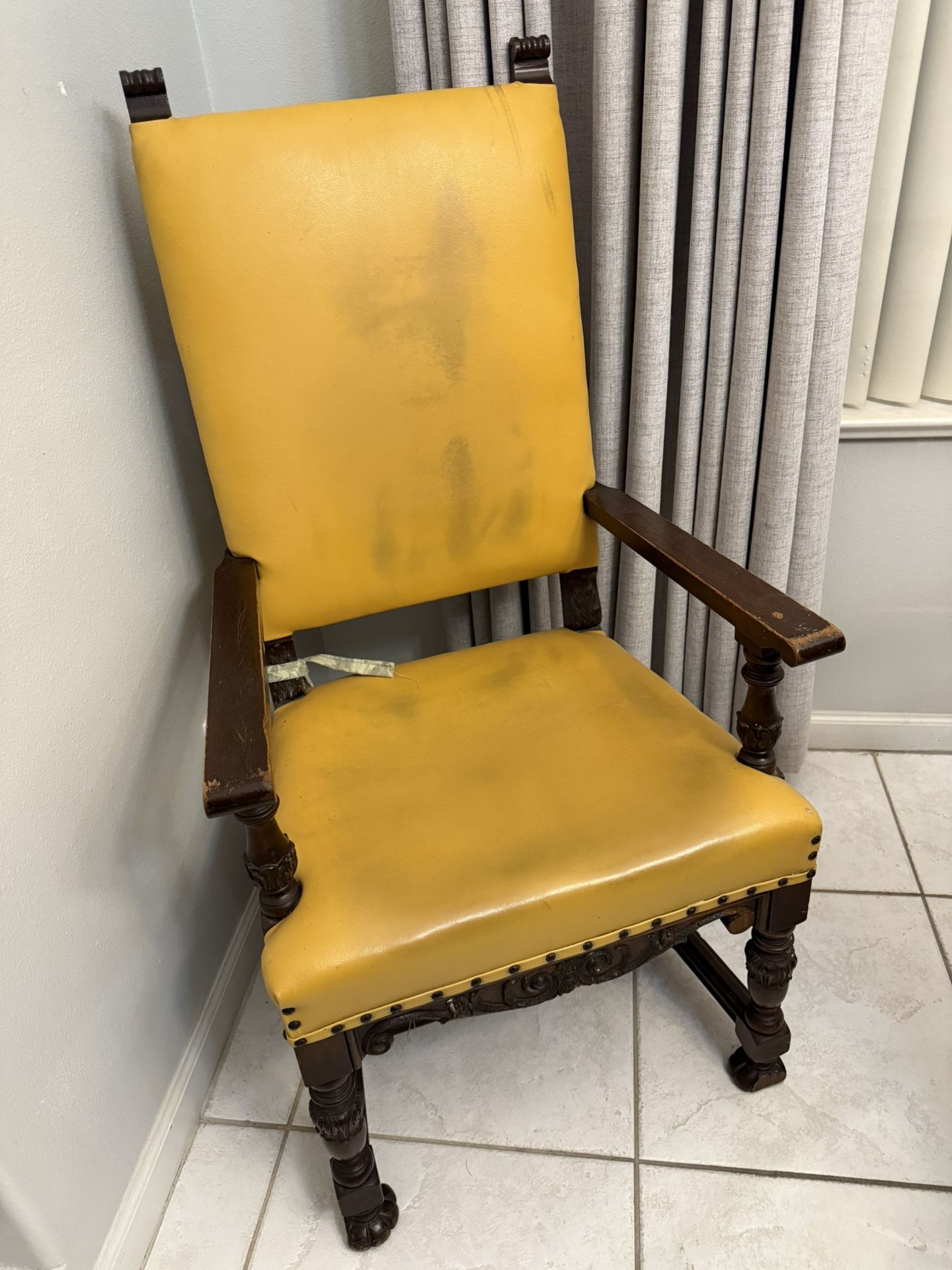 Vintage Carved Wooden Armchair with Upholstered Seat