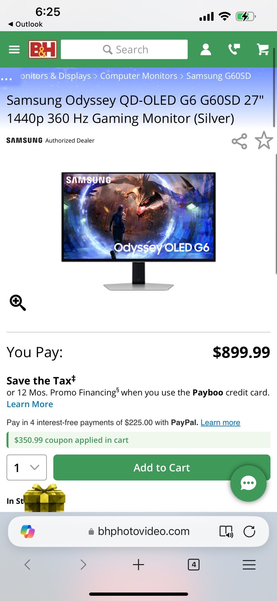 SAMSUNG 27” Odyssey OLED G6 (G60SD) Series Gaming Monitor with QHD & QD-OLED, 360Hz 0.03ms, AMD FreeSync Premium Pro, Anti-Glare, Sleek Design, Coolin