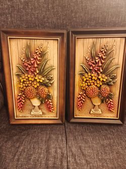 Pair of vintage molded plastic floral wall plaques