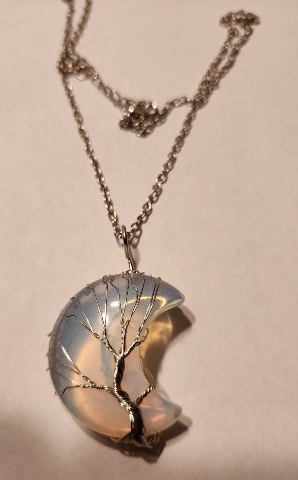 Tree of Life Wire Wrapped Natural Healing Crystal Necklace Birthstone Cresent June Moonstone