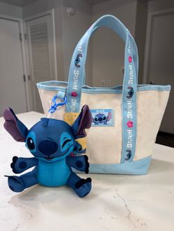 Disney Stitch Blue Mini Canvas Tote With Keychain Plush Bag Charm NEW
