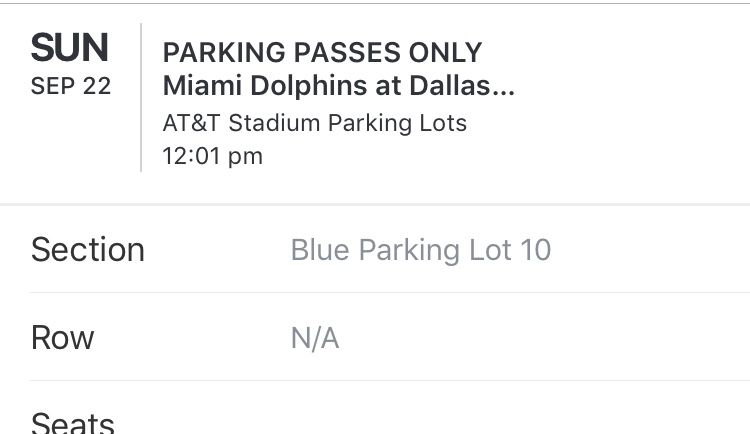 Parking pass lot 10 cowboys Dallas vs Miami Dolphins