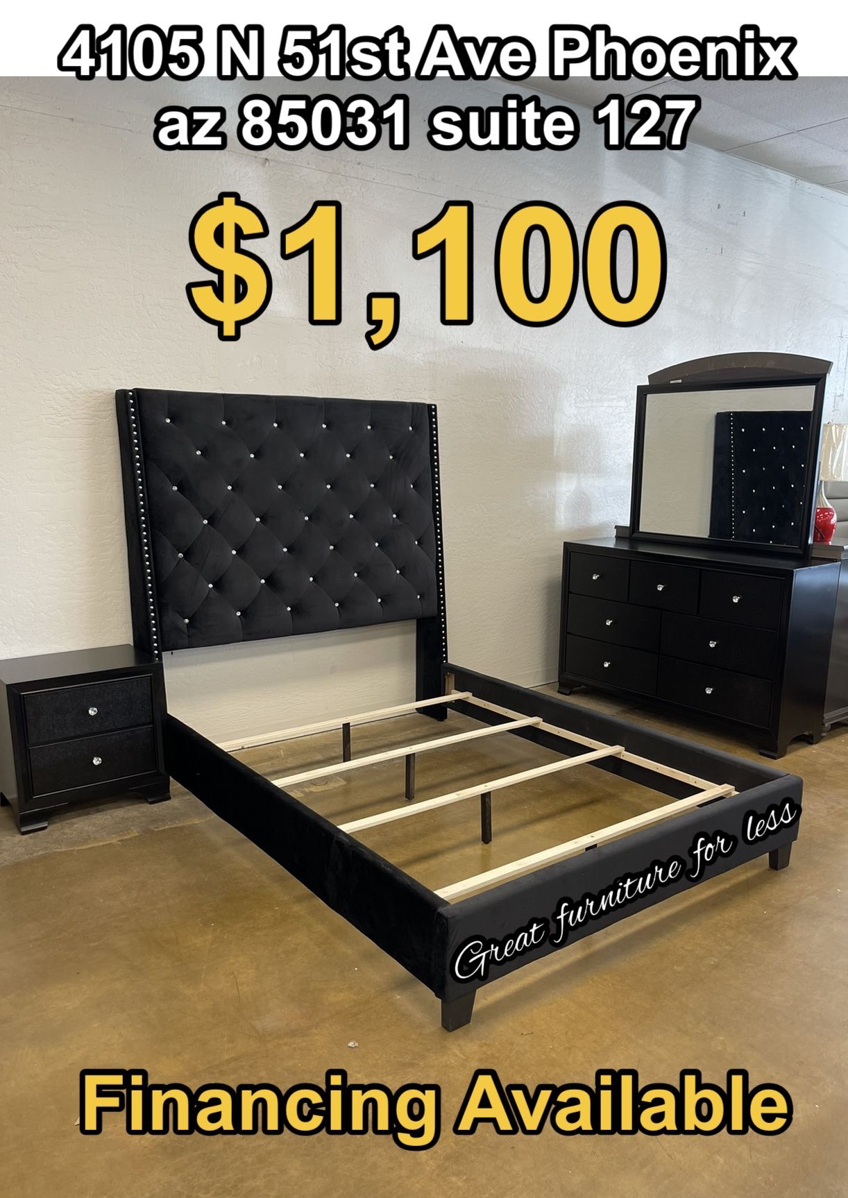 Queen Size Bedroom Set Black Include Bed Frame Dresser Mirror And 1 Nightstand Brand New