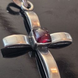Native American GARNET Ribbon Sterling Silver Cross Crucifix Pendant