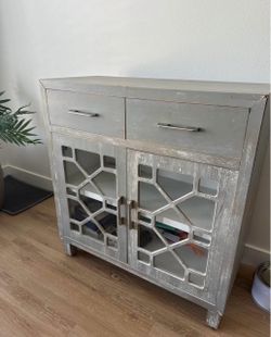 Grey Distressed Wood Cabinet with Glass Doors