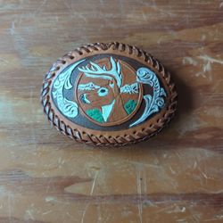 Vintage Hand Painted Leather Belt Buckle Rare 