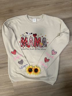 Mom Wears Her Heart On Her Sleeve Crewneck