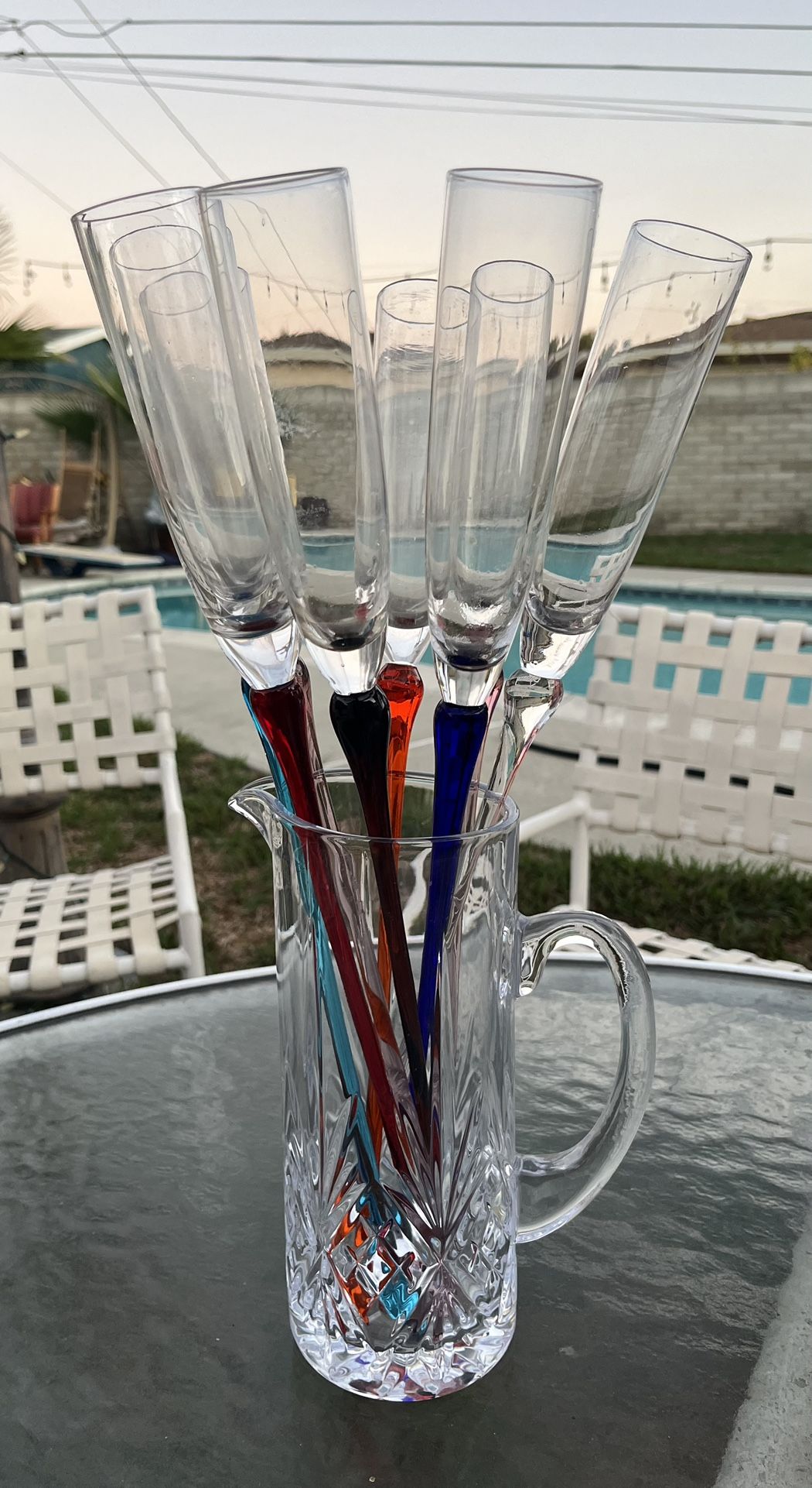 Bouquet of Vintage Champagne Toasting Flutes Stained Glass Stems, Set of 8